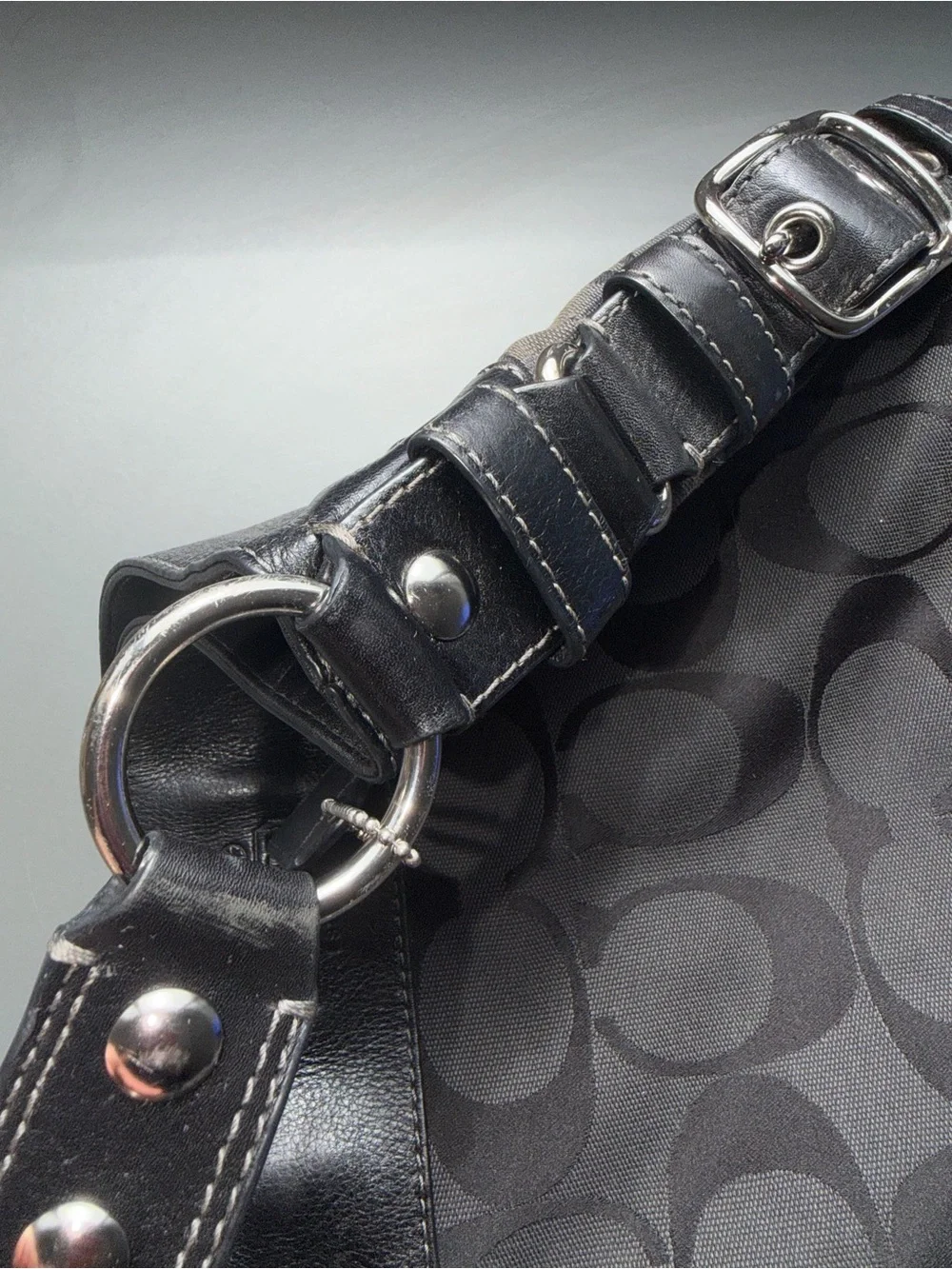 Coach Black Signature Jacquard Shoulder Bag with Leather Trim
